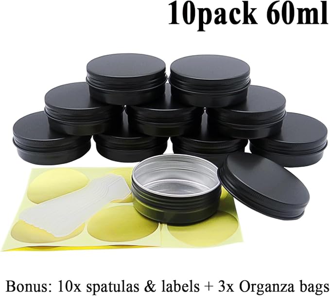 10pcs 60ml Round Lip Balm Tin Cans, 60 Gram Aluminum Tins Black Cosmetic Sample Containers with Screw Lid, 60g Metal Empty Storage Travel Jars for Salves, Lip Balms, Face Cream, Candle, Tea