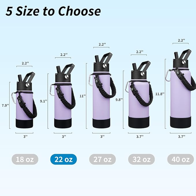 BJPKPK Insulated Water Bottle with Straw Lid, 22oz Thermal Flasks Water Bottles with 3 Lids, Paracord Handle & Non-slip Boot, BPA Free Leak Proof Stainless Steel Tumblers,Lavender
