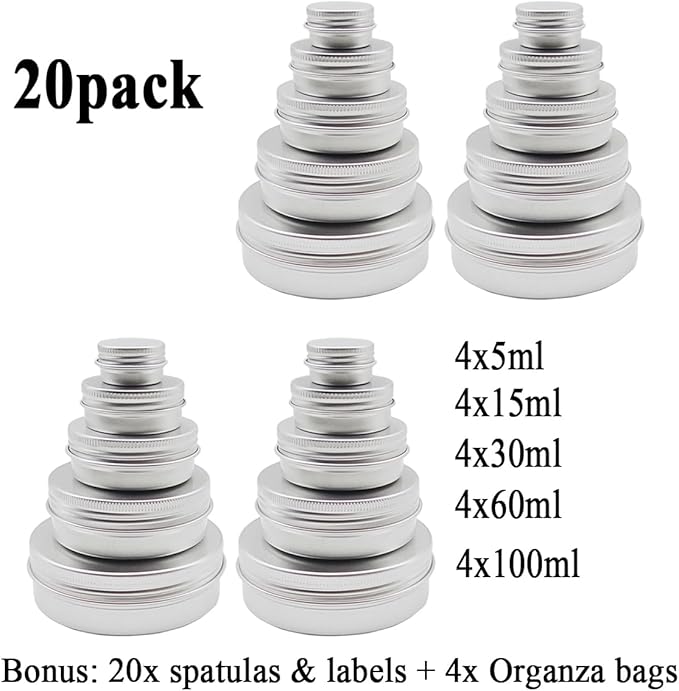 20pack 60ml Aluminum Tin Jars, 100ml Empty Travel Cosmetic Sample Container, 2oz Metal Tins 5 gram Cans 30ml Storage Travel Jars for DIY Lip Balms, Face Cream, Candle, Tea, Paint (mixed size)