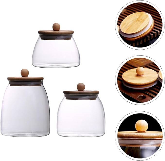 NUOBESTY 3 Pcs Transparent Storage Jars with Wooden Lids Airtight Sealed Canisters for Cereal Tea Dried Fruits Kitchen Pantry Organization