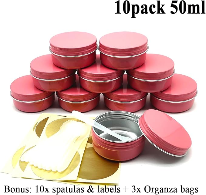 10pack50ml Pink Aluminum Tin, 50 Gram Containers Leak Proof Cosmetic Jars, 50g Small Makeup Containers Round Screw Lids for Cosmetic, Salves, Lip Balms, Toner, Cream, Candle, Tea, Beads