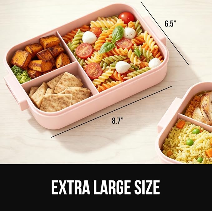 GORILLA GRIP BPA-Free Leakproof 5-Compartment Bento Lunch Box for Adults, Kids, Holds 10 Cups, Microwave Safe Hot and Cold Food Containers, Easy to Carry Lid Includes Built-In Utensils Set, Pink
