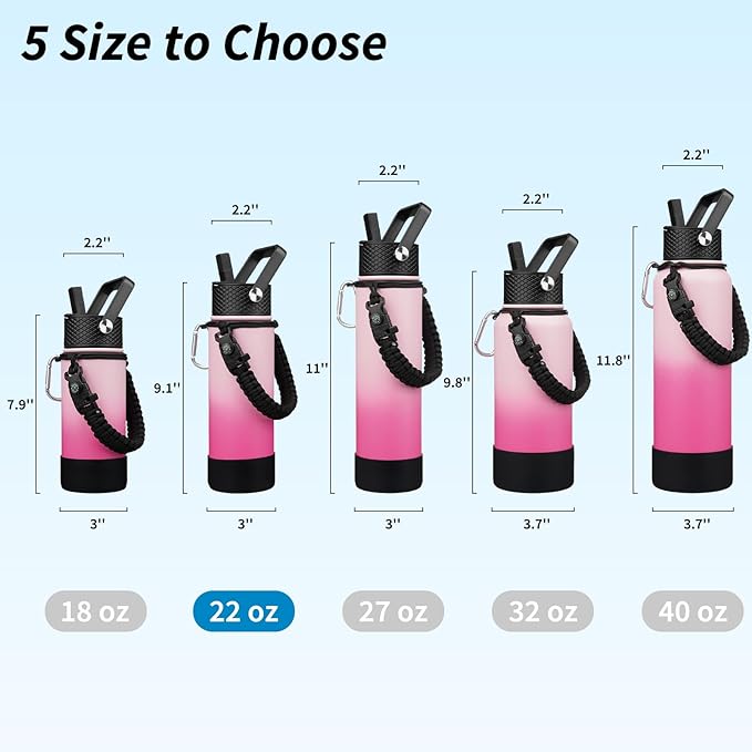 BJPKPK Insulated Water Bottle with Straw Lid, 22oz Thermal Flasks Water Bottles with 3 Lids, Paracord Handle & Non-slip Boot, BPA Free Leak Proof Stainless Steel Tumblers, Cups,Cherry
