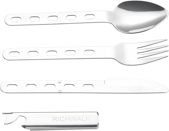 4-in-1 Camping Spoon Fork Knife Combos Set of 4 - Portable Stainless Steel Flatware Spoon Fork kit - fork Knife & Bottle Opener Combo Pack for Picnic Hiking Travel