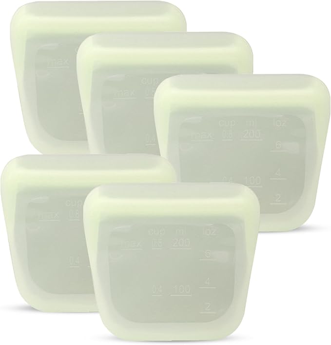 purifyou Set of 5 Reusable Silicone Storage Snack Bags 6oz / 16oz / 32oz / 64oz Self-Seal Food Storage Container for Fruits, Vegetables, Sandwiches, Dishwasher Safe & Leak-free (Cream, 6oz)