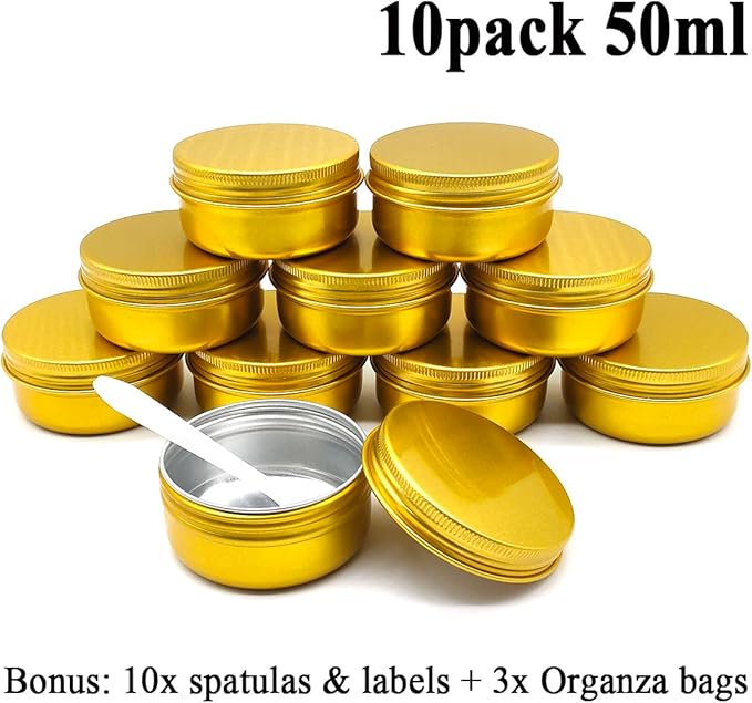10pack 50ml Aluminum Tin, 50 Gram Gold Container Leak Proof Cosmetic Jars, 50g Small Makeup Containers Round Screw Lids for Cosmetic, Salves, Lip Balms, Toner, Cream, Candle, Tea, Beads, Wax