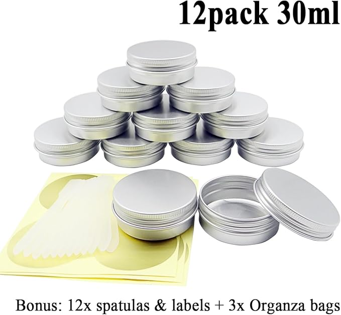 12pcs 1oz 30ml Aluminum Tin Jar, 30g Refillable Makeup Container, 30 Gram Silver Screw Lid Round Can Sample Pot for Cosmetic DIY, Lip Balm, Cream, Salve, Toner, Candle, Free Spatulas +Lables