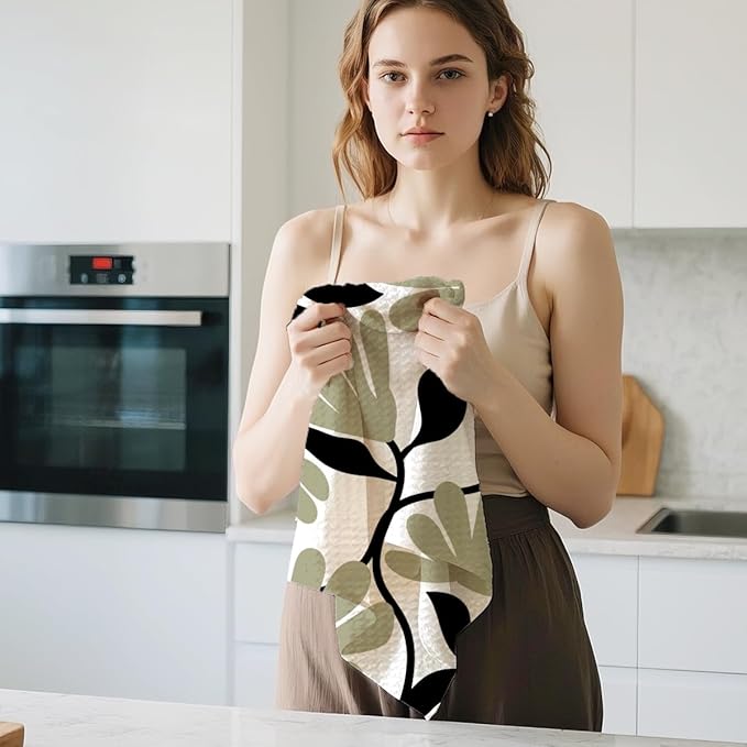 2Pcs Abstract Floral Kitchen Towels 24x14 Inch, Boho Style Sage Green Flower Hand Towels for Kitchen Home Decor, Absorbent Microfiber Dish Cloth Tea Towel, Housewarming Gifts for Women Mom Grandma