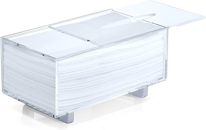 YoBa Thick Acrylic Tissue Box Holder Rectangular Tissue Box Dispenser with Silver Plated Aluminum Legs for Bathroom, Kitchen, Bedroom, Office, Hotels and Restaurant (Rectangle, Clear (Silver Legs))
