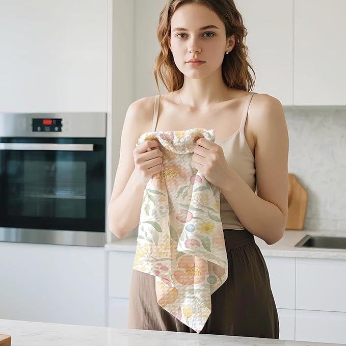 2Pcs Watercolor Floral Kitchen Towels 24x14 Inch, Spring Summer Flower Waffle Hand Towels for Kitchen Home Farmhouse Decor, Absorbent Microfiber Dish Cloth Tea Towel, Housewarming Gifts for Women