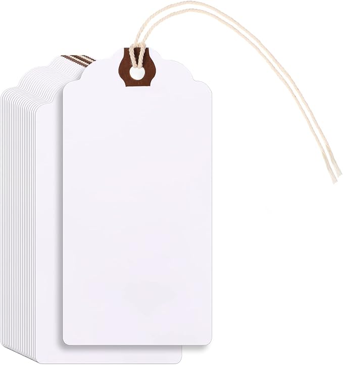 Outus 60 Pcs 4 3/4-in x 2 3/8-in Blank Large Paper Gift Tags with String and Reinforced Eyelet Wire Writable Price Tags Shipping Labels Inventory Labels(White)