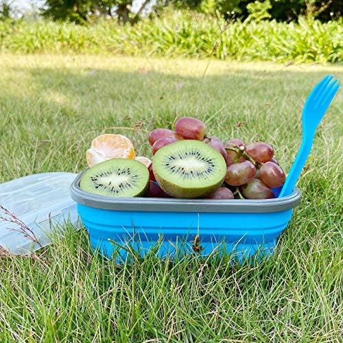 CARTINTS 800ml Collapsible Bento Lunch Box, Silicone Food Storage Container, with Leakproof Lids and Spoon, Microwave Freezer Safe, Blue - Image 6