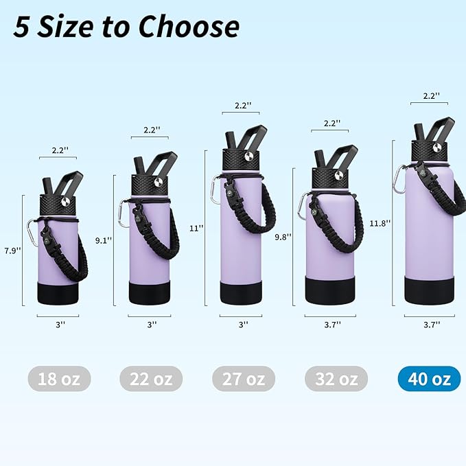BJPKPK Insulated Water Bottle with Straw Lid, 40oz Large Thermal Flasks with 3 Lids, Paracord Handle & Non-slip Boot, BPA Free Leak Proof Stainless Steel Metal Water Bottles, Tumblers, Cups,Lavender
