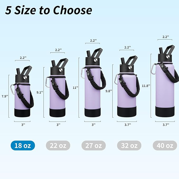 BJPKPK Water Bottle with Straw Lid, 18oz Insulated Water Bottles with 3 Lids, Paracord Handle & Non-slip Boot, Metal Stainless Steel Thermal Flasks, BPA Free Leak Proof Cups, Tumblers,Lavender