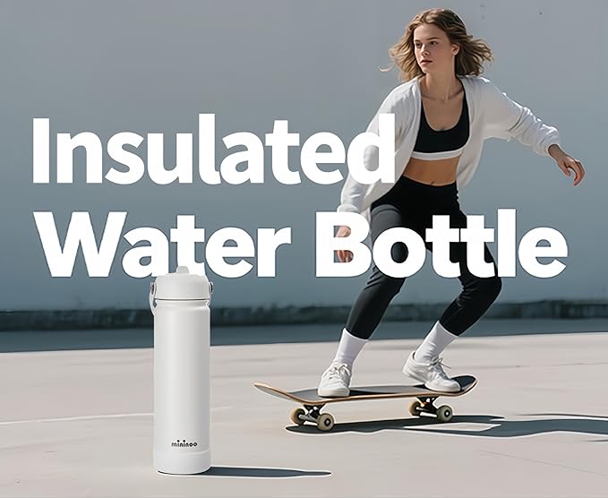 Mininoo Insulated Stainless Steel Water Bottle with Straw, Ceramic-Lined, BPA-Free & Leak-Proof, 24 oz, White