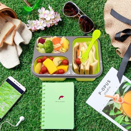 2 Pack Big Size Collapsible Silicone Bento Lunch Boxes With Lids Spoons Forks,3 Compartments, Divided Lunch Food Storage Containers, Safe in Microwave, Dishwasher and Freezer, 45.6oz, BPA Free - Image 7
