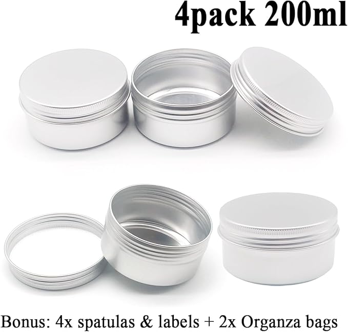 4pcs 200ml Round Lip Balm Tin Cans, 7 oz Aluminum Cosmetic Sample Container with Screw Lid, 200g Silver Metal Empty Storage Travel Jars for Salves, Lip Balms, Face Cream, Candle, Tea, Paint