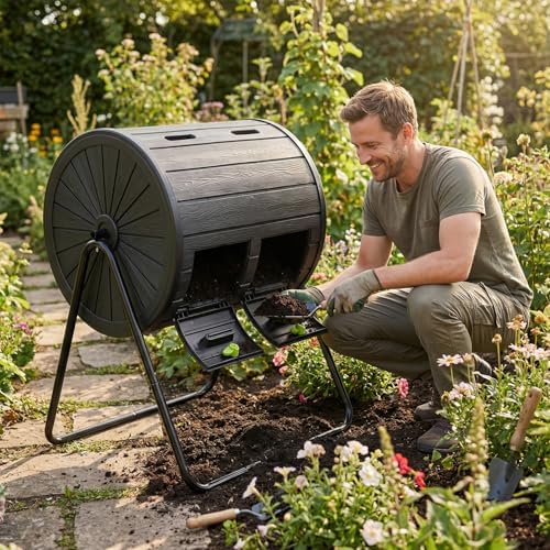 Goplus Compost Tumbler, 37.5 Gallon Large Outdoor Compost Bin w/Dual Chambers, 2 Lockable Doors, Efficient 360° Rotating Batch Composter for Garden Yard Farm Waste, Easy Assembly, BPA-Free (Black) - Image 7
