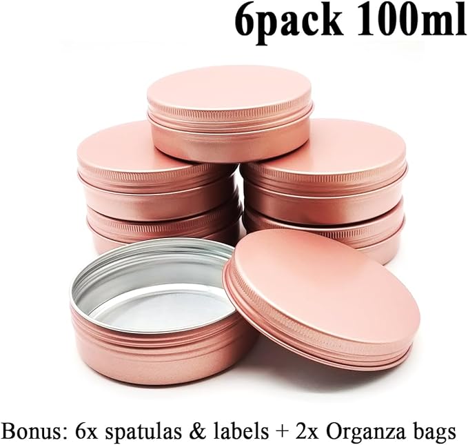 6pack 100ml Aluminum Tin Jars, 100 Gram Empty Travel Cosmetic Sample Container Screw Cap Lid, 100g Metal Tins Can for DIY Crafts, Lip Balms, Face Cream, Candle, Tea, Paint, Slime, Matte-Pink