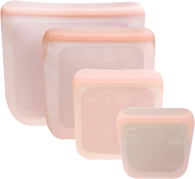 purifyou Set of 4 Reusable Silicone Storage Snack Bags 6oz / 16oz / 32oz / 64oz Self-Seal Food Storage Container for Fruits, Vegetables, Sandwiches, Dishwasher Safe & Leak-free (CloudPink)