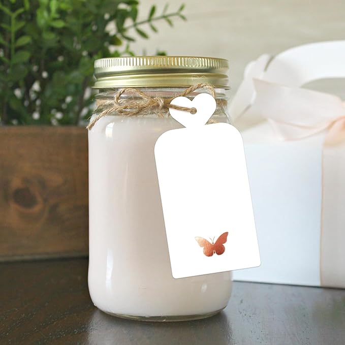 joycraft 100Pcs Gift Tags with String, 4x2 in Blank Tags with Rose Gold Foil Butterfly, White Paper Labels for Birthday, Wedding, Baby Shower, Christmas