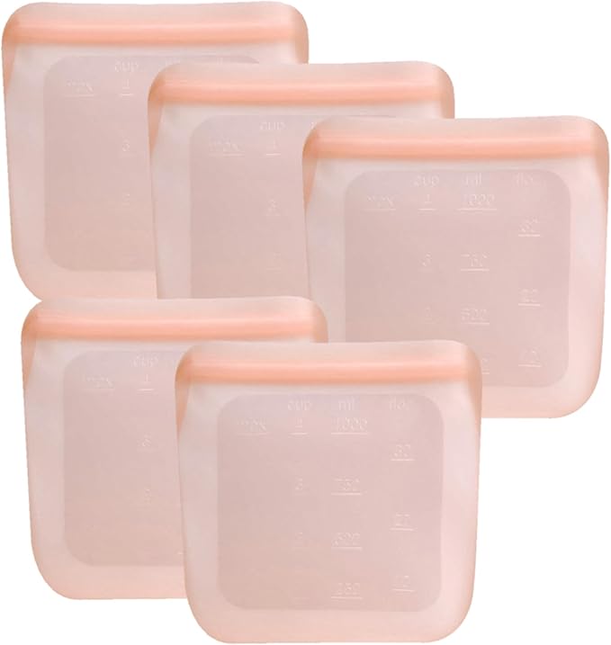 purifyou Set of 5 Reusable Silicone Storage Snack Bags 6oz / 16oz / 32oz / 64oz Self-Seal Food Storage Container for Fruits, Vegetables, Sandwiches, Dishwasher Safe & Leak-free (CloudPink, 32oz)