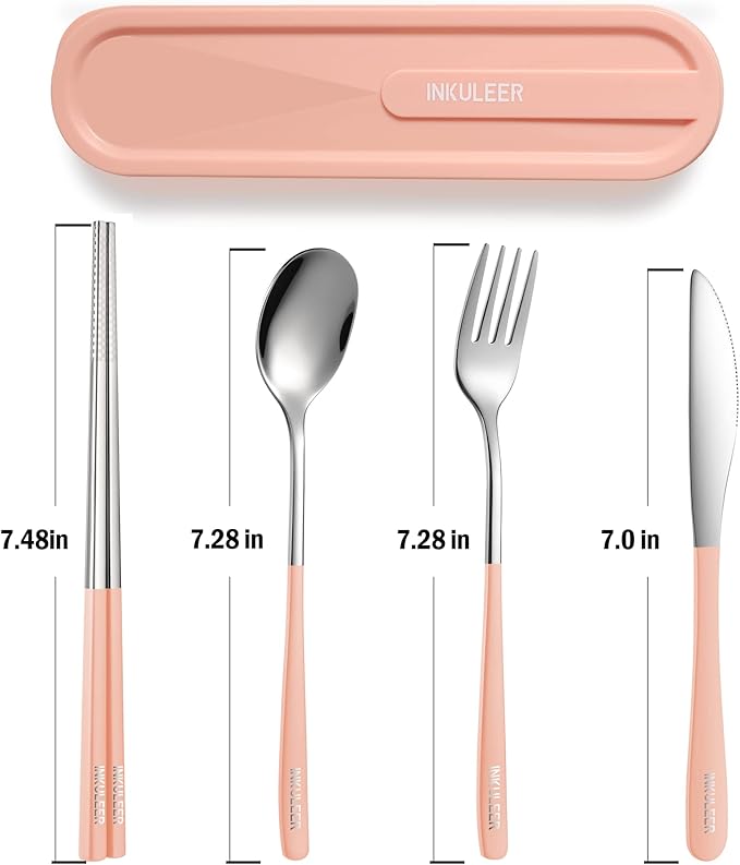 Travel cutlery set, 18/8 stainless steel cutlery, Reusable utensils set with case, Portable Silverware Lunch Box for Camping and Office (Pink/knife set)