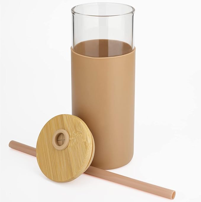 Tronco 20 oz Glass Tumbler with Lid and Straw, Iced Coffee Cup and Smoothie Cup with Bamboo Lids & Protective Silicone Sleeve, Dishwasher Safe, BPA-Free, Glass Cup 1 Pack