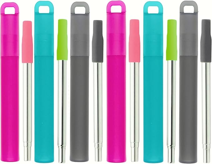 NAIVELY-Reusable Straws 6 Pack Collapsible Portable Stainless Steel Straws with Case,Silicone Tips and Cleaning Brush,Retractable Portable Travel Straw