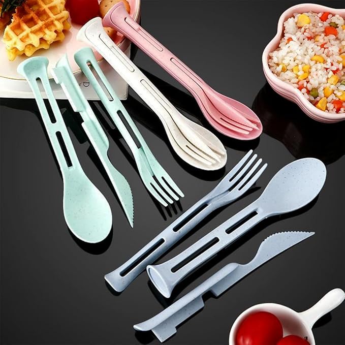 3PCS Wheat Straw Cutlery, Reusable Utensils Set Portable Travel 3 in 1 Spoon Fork Knife Tableware, Eco-Friendly, BPA Free, Flatware for Kids Adults, Travel Picnic Camping (Blue)