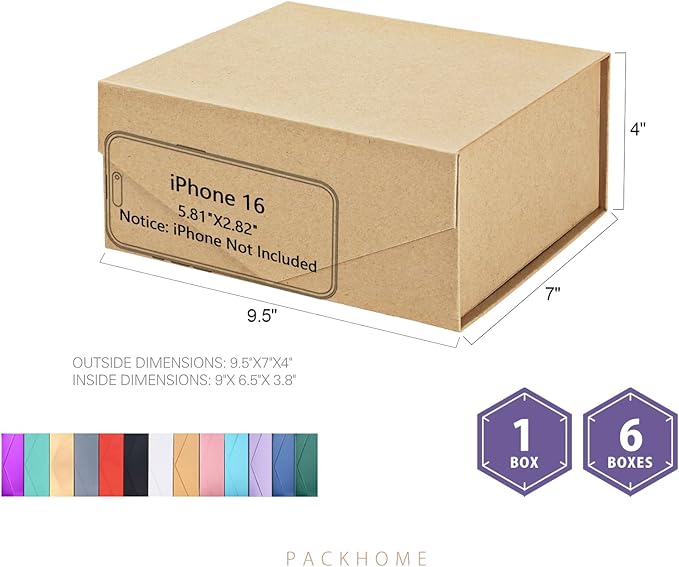 PACKHOME Gift Box 9x6.5x3.8 Inches, Rectangle Collapsible Box with Magnetic Lid for Gift Packaging (Kraft)