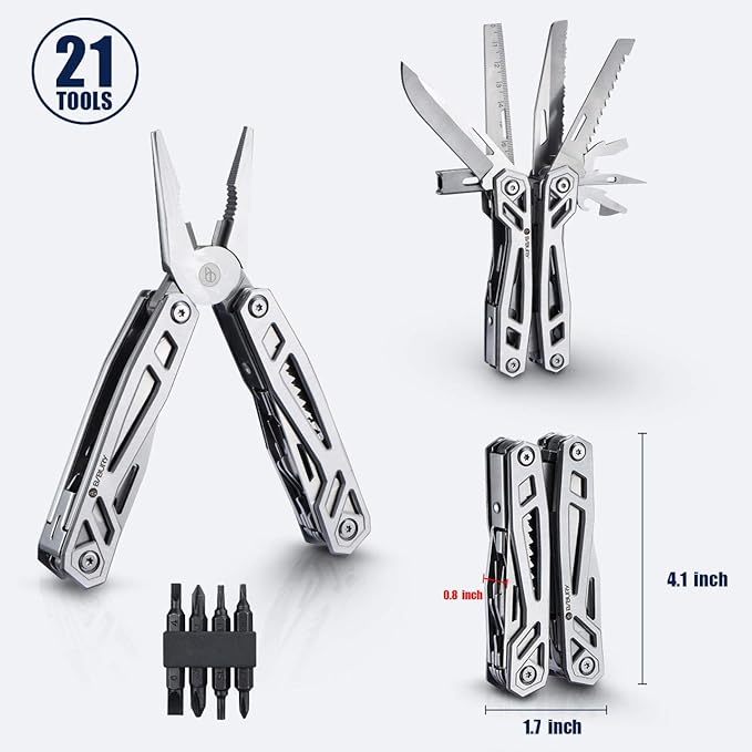 BIBURY Multitool with Pocket Knife, 21-in-1 Stainless Steel Pliers with Screwdriver, Safety Locking Multi tools with EDC Knife for Survival, Camping, Fishing, Repair, Birthday Gifts for Men Women