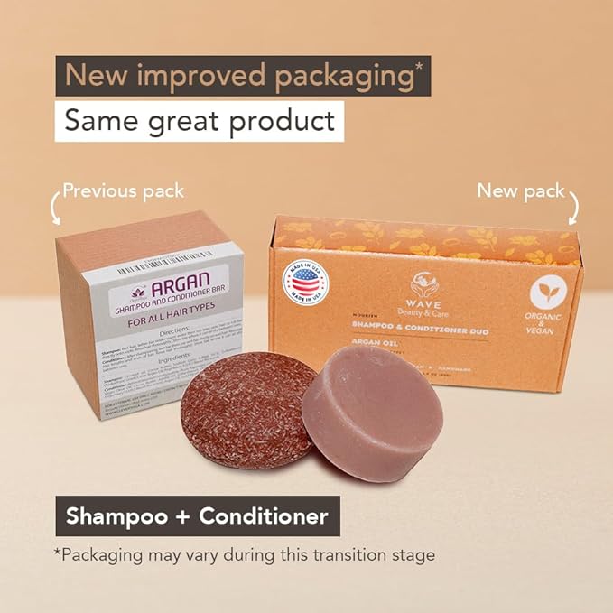 Wave Shampoo Bar & Conditioner Bar Set, Argan Oil Vegan Sulfate Free USA Handmade Moisturizing Solid Bars for All Hair Types Good for Travel Long Lasting 120 Uses Argan Oil Shampoo and Conditioner bar