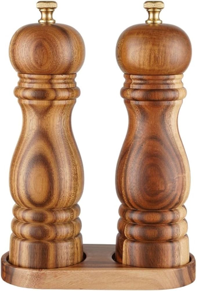 QUEEN Acacia Salt Pepper Grinders Refillable Set, Acacia Wood Salt and Pepper Set, Easy Refillable Manual Wooden Salt Pepper Grinder with Tray 2pcs, Perfect Housewarming Gifts