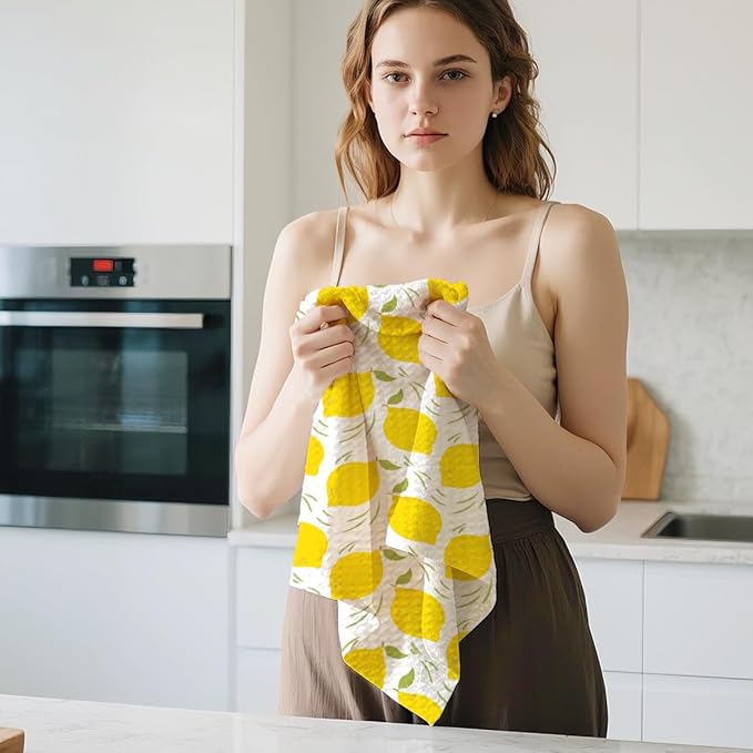 Jztco 2Pcs Lemon Kitchen Towels 24x14 Inch, Lemon Seamless Pattern Hand Towels for Kitchen Home Farmhouse Decor, Absorbent Microfiber Dish Cloth Tea Towel, Housewarming Gifts for Women