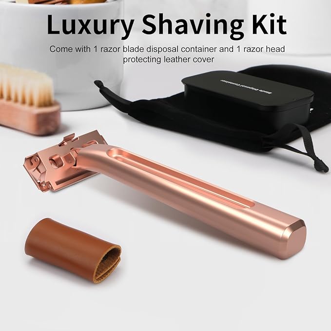 Razors for Women, Dual-Blade Safety Razor with Pivoting Head, Reusable Metal Shaving Razor, with 10 Double Edge Blades, Smooth Close Shave, Rose Glod