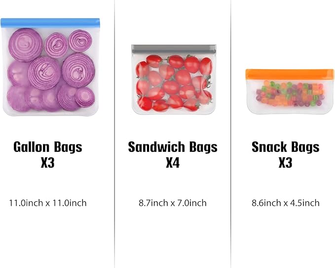Lerine Dishwasher Safe Reusable Bags, Leakproof Reusable Freezer Bags, BPA Free Food Storage Bags for Lunch Marinate Food Travel (White, 28 Pack-10 Gallon 10 Sandwich 8 Snack)