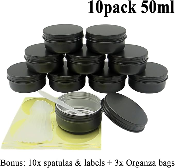 10pack 50ml Aluminum Tin, 50 Gram Black Container Leak Proof Cosmetic Jars, 50g Small Makeup Containers Round Screw Lids for Cosmetic, Salves, Lip Balms, Toner, Cream, Candle, Tea, Beads, Wax