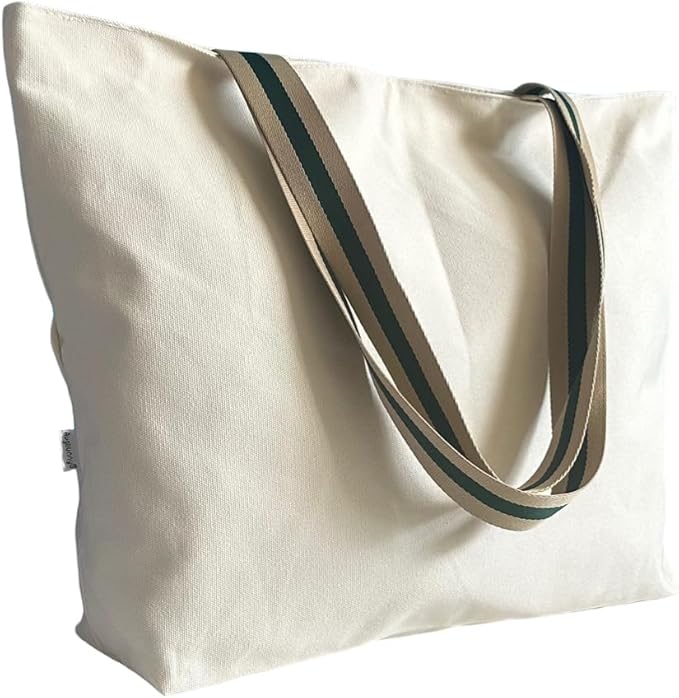 16OZ Cotton Canvas Zipper Closure Lined Grocery Shopping Beach Casual Multi Purpose Tote X-Large