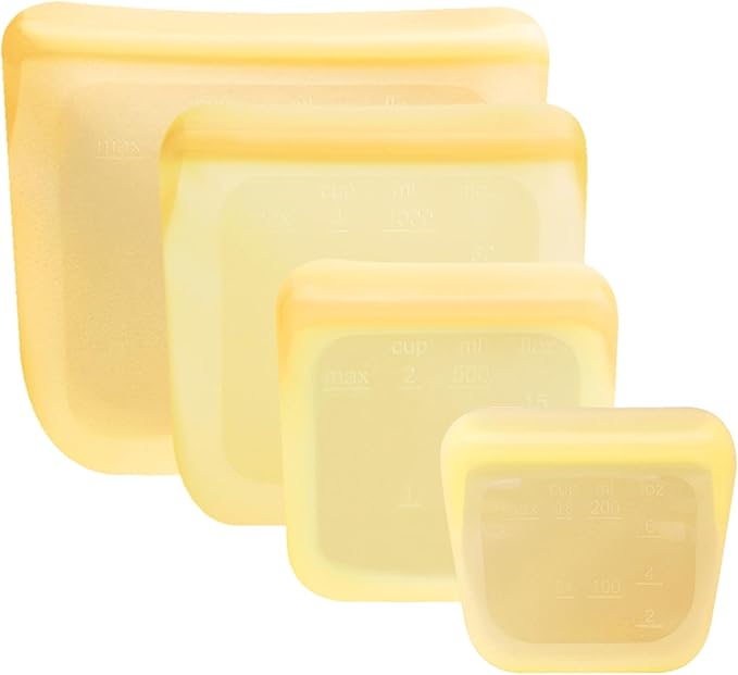 purifyou Set of 4 Reusable Silicone Storage Snack Bags 6oz / 16oz / 32oz / 64oz Self-Seal Food Storage Container for Fruits, Vegetables, Sandwiches, Dishwasher Safe & Leak-free (Pastel Yellow)