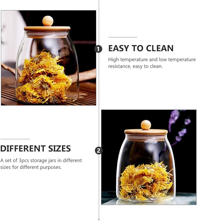 3 Pcs Transparent Food Storage Jars with Wooden Lids Airtight Sealed Canisters for Tea Candy Dried Fruits Kitchen Pantry Organization