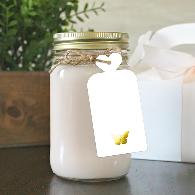 joycraft 100Pcs Gift Tags with String, 4x2 in Blank Tags with Gold Foil Butterfly, White Paper Labels for Birthday, Wedding, Baby Shower, Christmas