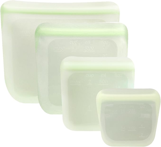 purifyou Set of 4 Reusable Silicone Storage Snack Bags 6oz / 16oz / 32oz / 64oz Self-Seal Food Storage Container for Fruits, Vegetables, Sandwiches, Dishwasher Safe & Leak-free (LimeCream)