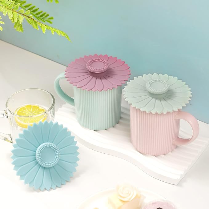 Sunflower Silicone Cup Covers (Set of 3) , Multicolored Silicone Lids for Mugs, Cups, Tea Pots,Flexible Mug Covers,Hot Cup Lids for Coffee & Tea