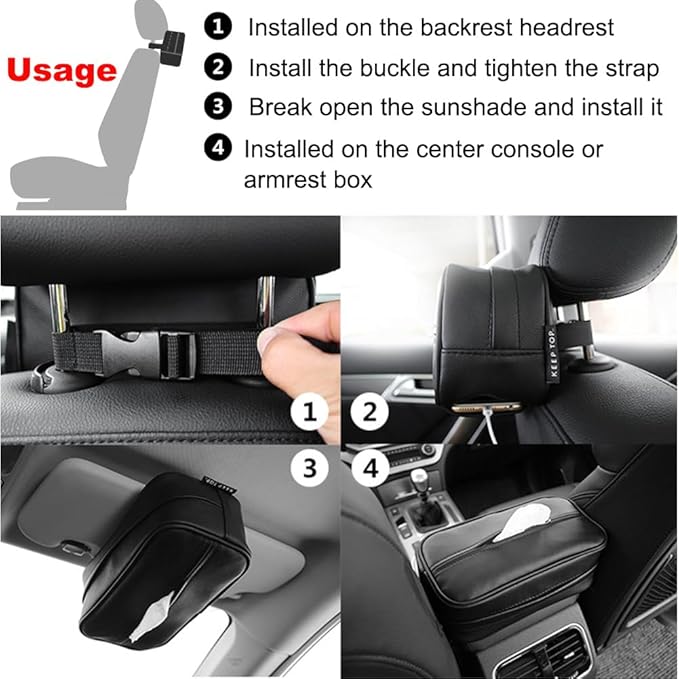 Car Tissue Holder, Travel Napkin Dispenser - PU Leather Fits Most Cars, SUVs, Trucks, and Vans