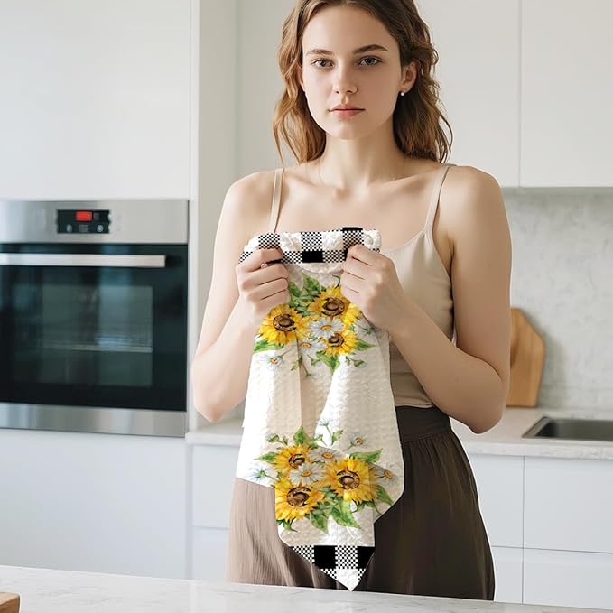 Jztco 2Pcs Sunflower Kitchen Towels 24x14 Inch, Spring Summer Floral Buffalo Plaid Hand Towels for Kitchen Farmhouse Decor, Absorbent Dish Cloth Tea Towel, Sunflower Gifts for Women Mom