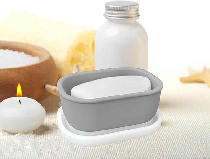Leakproof Silicone Travel Soap Case with Drainage Layer, Silicone Bar Soap Holder Compact Portable Shatterproof Soap Container Box for Bathroom Gym Camp Travel Toiletries (Gray, Clear Lid)