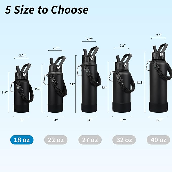 BJPKPK Water Bottle with Straw Lid, 18oz Insulated Water Bottles with 3 Lids, Paracord Handle & Non-slip Boot, Metal Stainless Steel Thermal Flasks, BPA Free Leak Proof Cups, Tumblers,Black