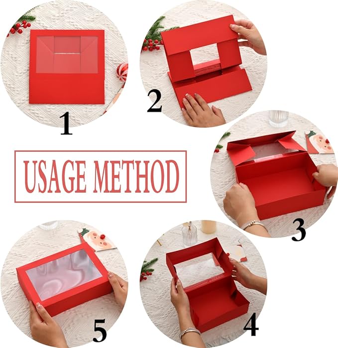 12 Pack Christmas Gift Boxes with Clear Window, Red Christmas Gift Boxes with Ribbon, Pine Sprigs & Berry Decorations for Holiday Wrapping, 8.7x5.9x2.8 Inch (RED)