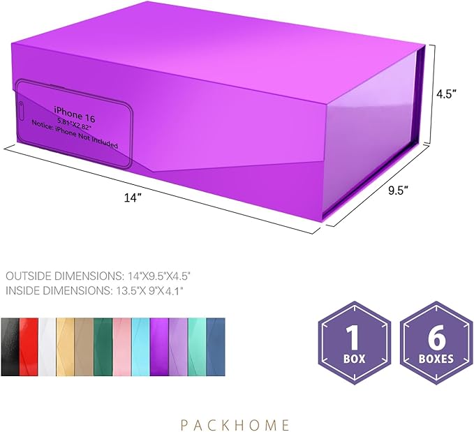 PACKHOME Large Gift Box with Lid 13.5x9x4.1 Inches, Sturdy Collapsible Gift Box with Magnetic Closure (Glossy Purple)